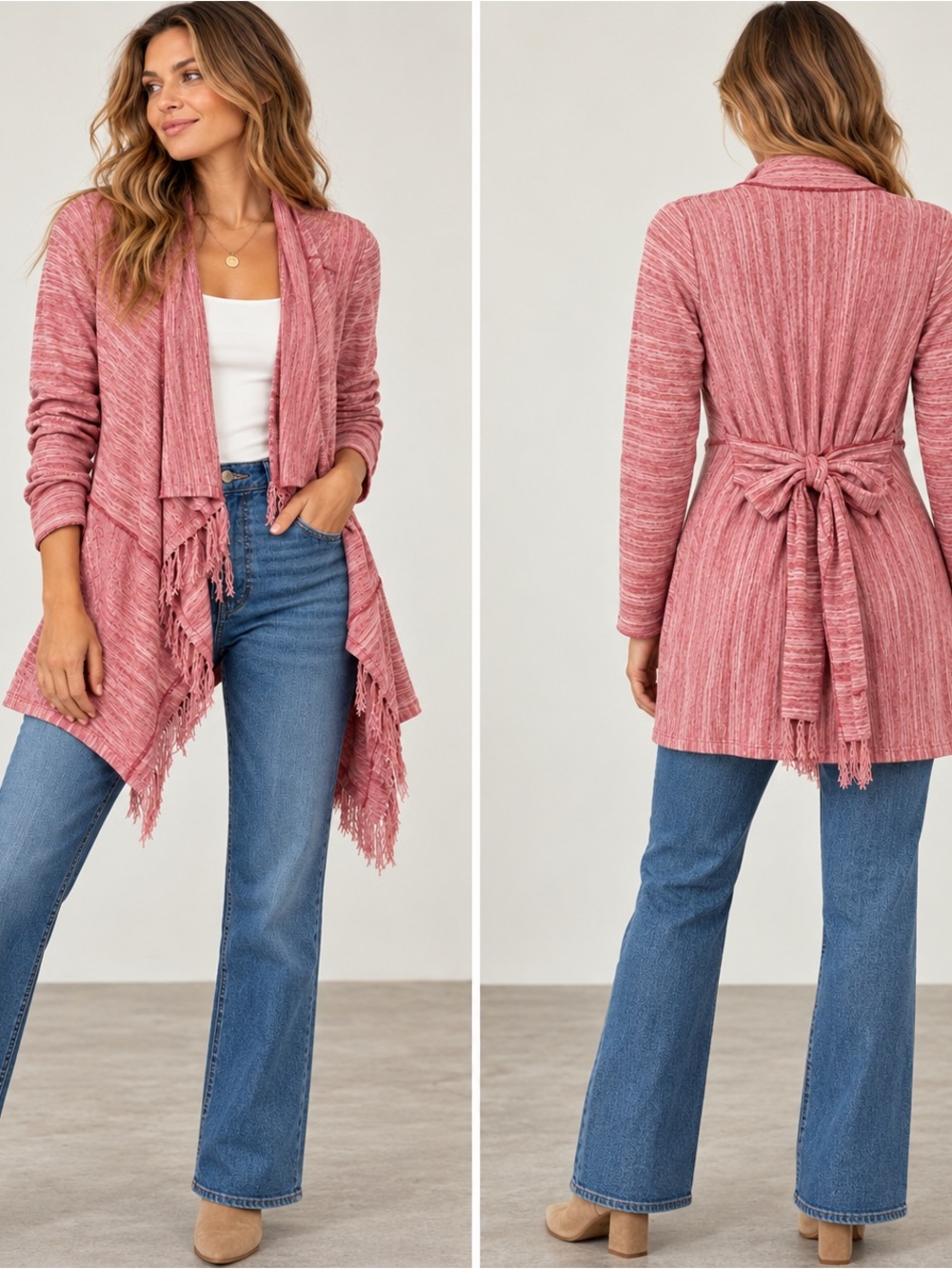 Free People Size L Pink Marled Fringe Bow Tie Boho Cardigan